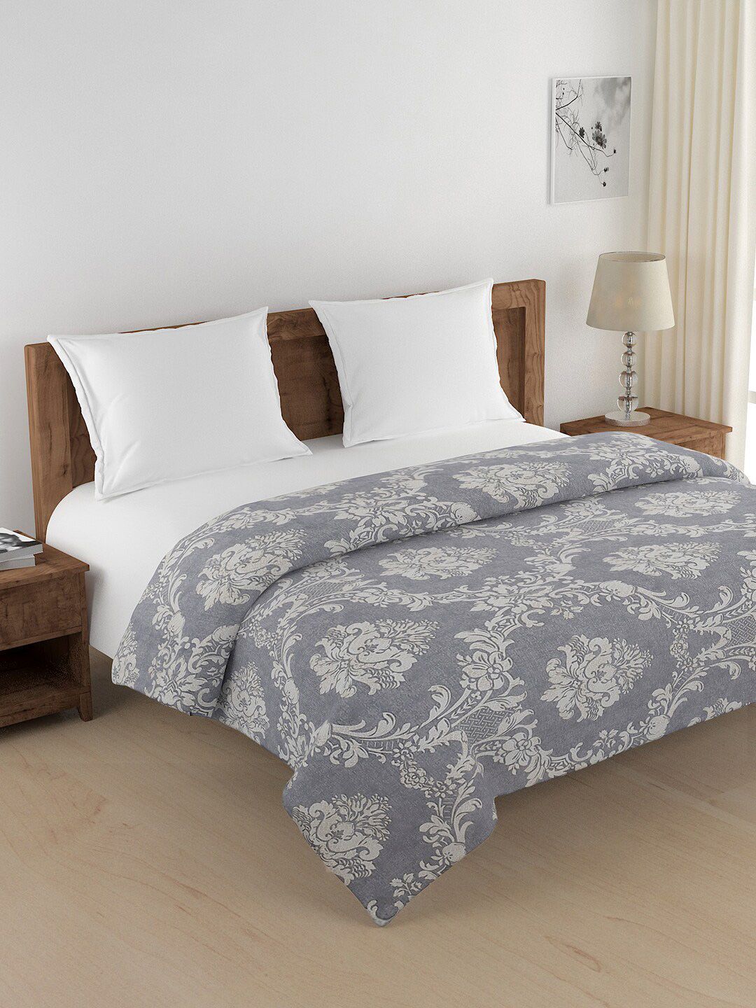 SWAYAM Grey & Off-White Ethnic Motifs Heavy Winter 350 GSM Cotton Double Bed Quilt Price in India