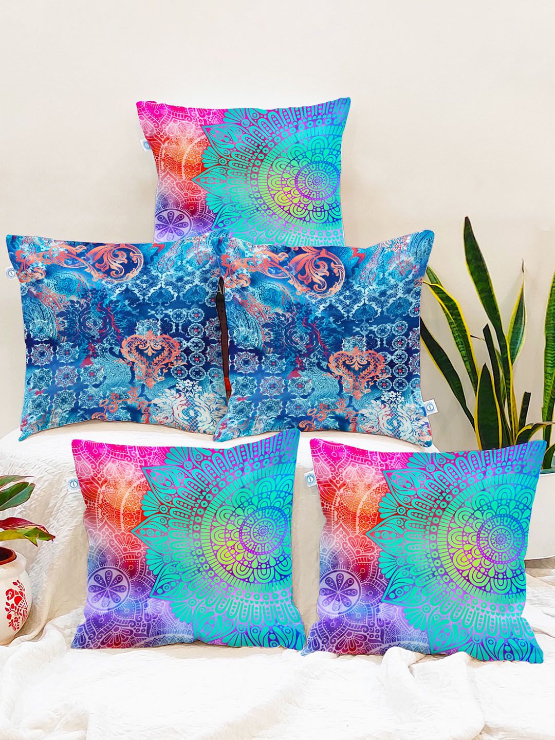 STITCHNEST Set of 5 Teal Blue & Magenta Ethnic Motifs 12'' x 12'' Cushion Cover