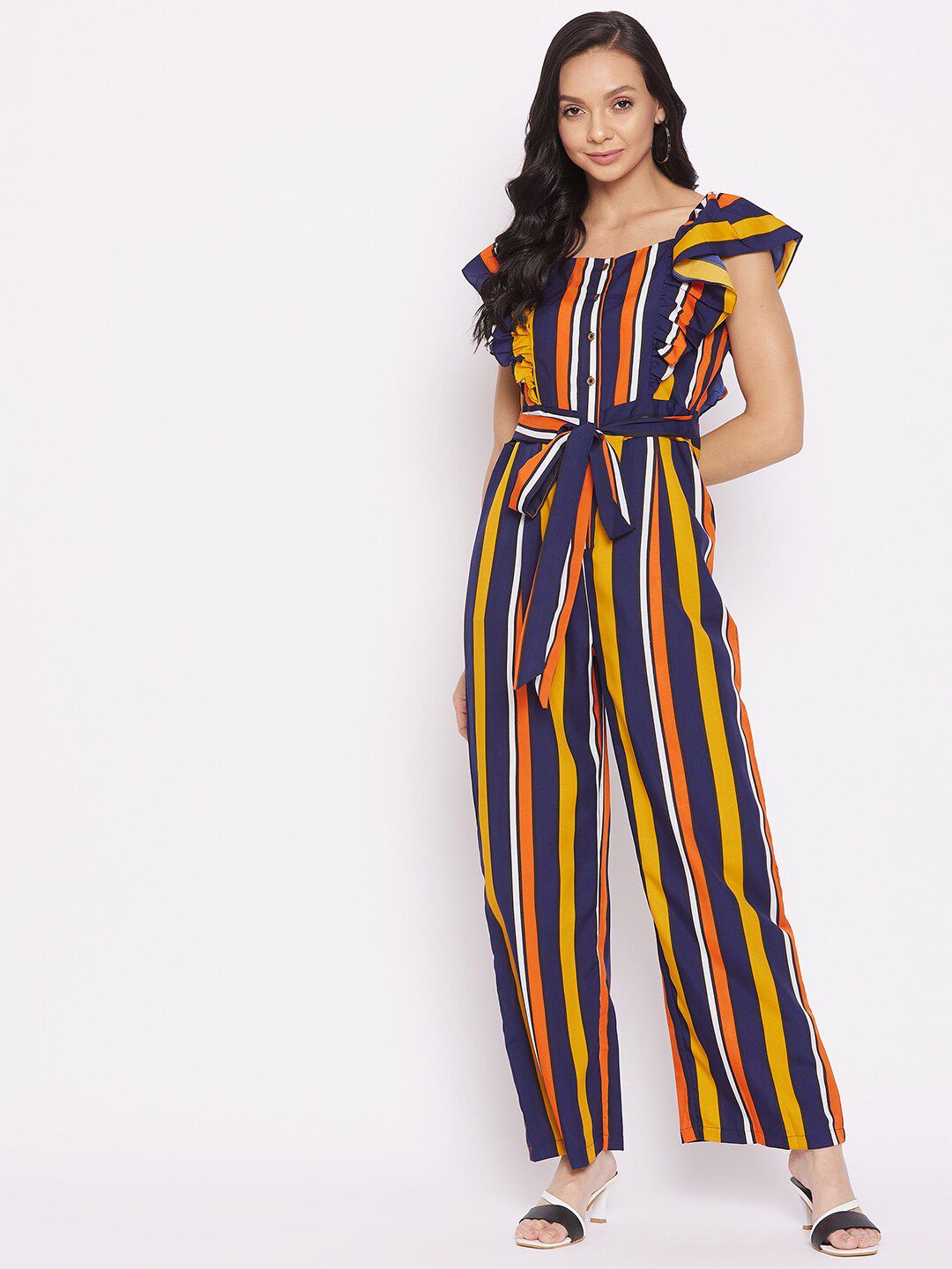 Uptownie Lite Yellow & Orange Striped Basic Jumpsuit with Ruffles Price in India
