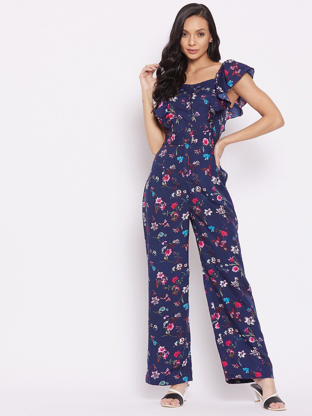 Uptownie Lite Navy Blue & Pink Printed Basic Jumpsuit with Ruffles Price in India