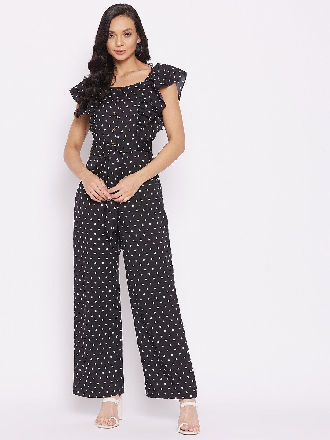 Uptownie Lite Black & White Printed Basic Jumpsuit with Ruffles Price in India