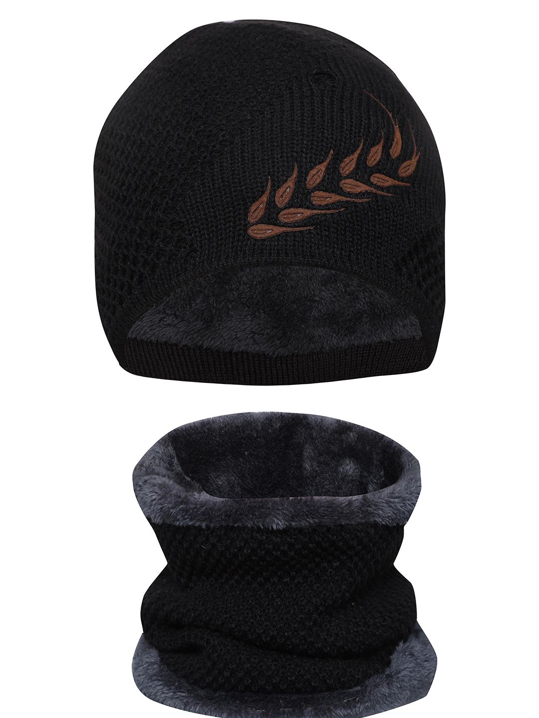 FabSeasons Unisex Black & Grey Embroidered Beanie & Muffler Price in India
