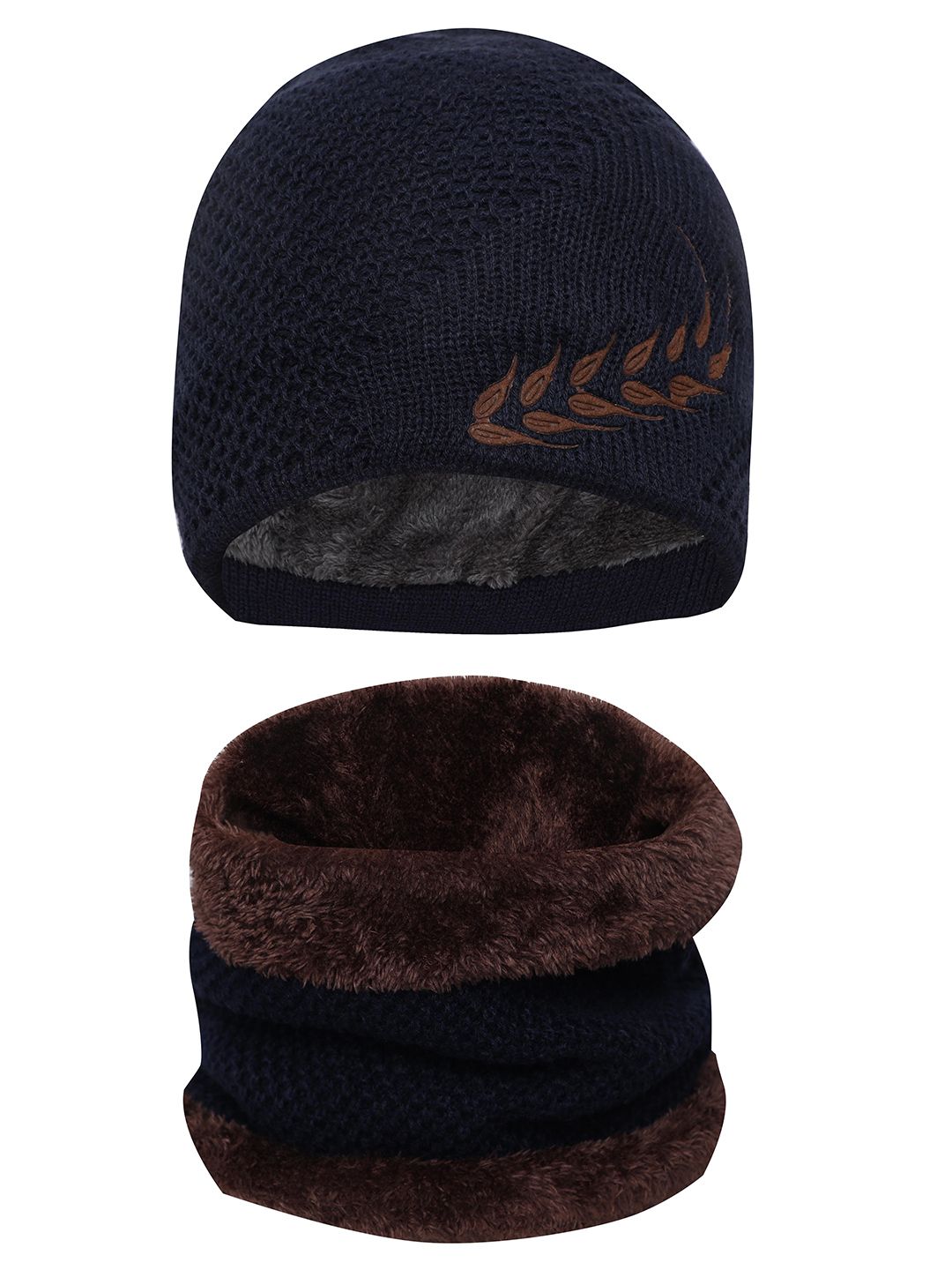 FabSeasons Unisex Navy Blue & Black Acrylic Beanie With Neck Warmer Price in India