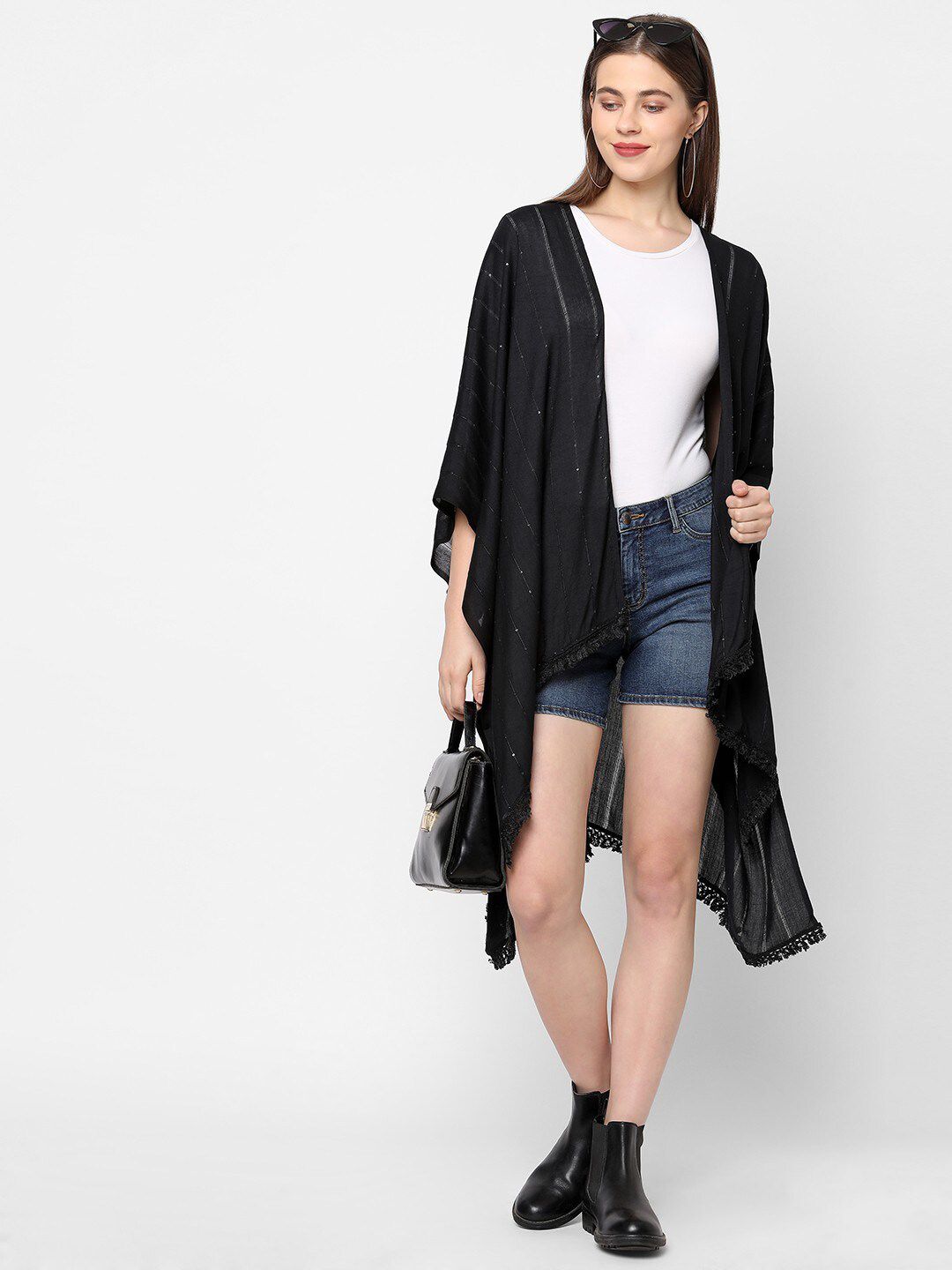 Get Wrapped Women Black Solid Longline Kimono Shrug