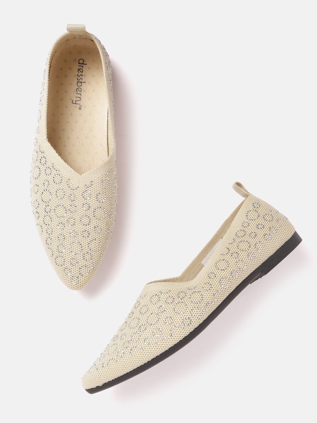 DressBerry Women Beige & Silver-Toned Embellished Ballerinas Price in India