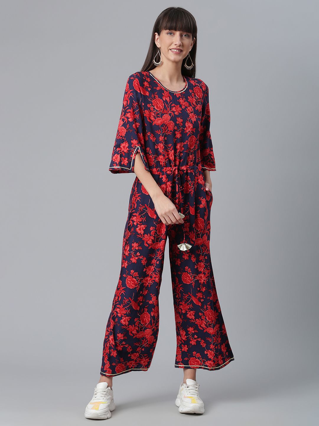 Ahalyaa Navy Blue & Red Printed Basic Jumpsuit Price in India