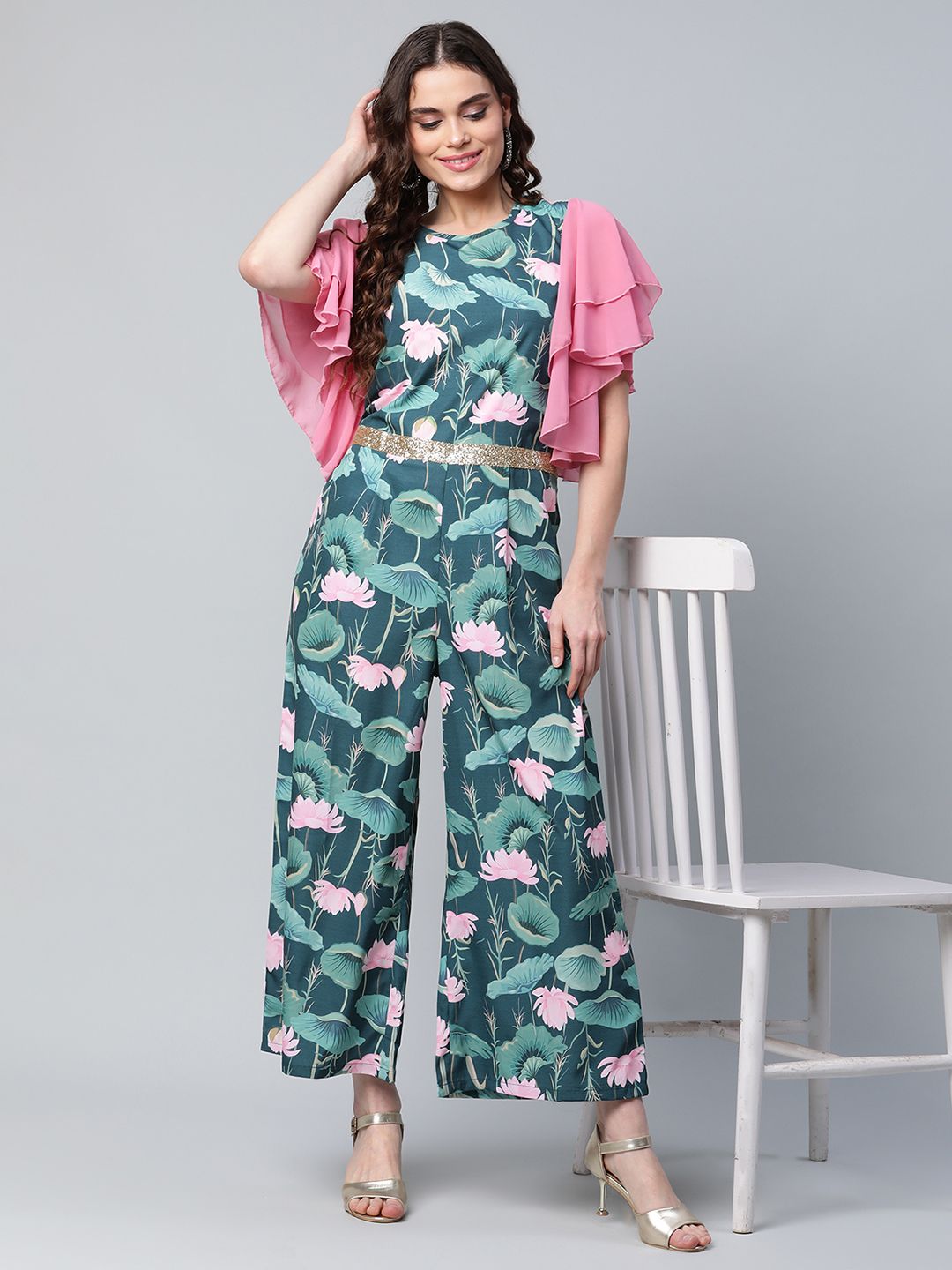 Ahalyaa Green & Pink Printed Basic Crepe Jumpsuit Price in India