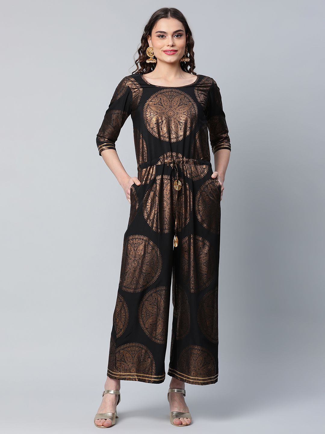 Ahalyaa Black & Gold-Toned Printed Basic Jumpsuit Price in India