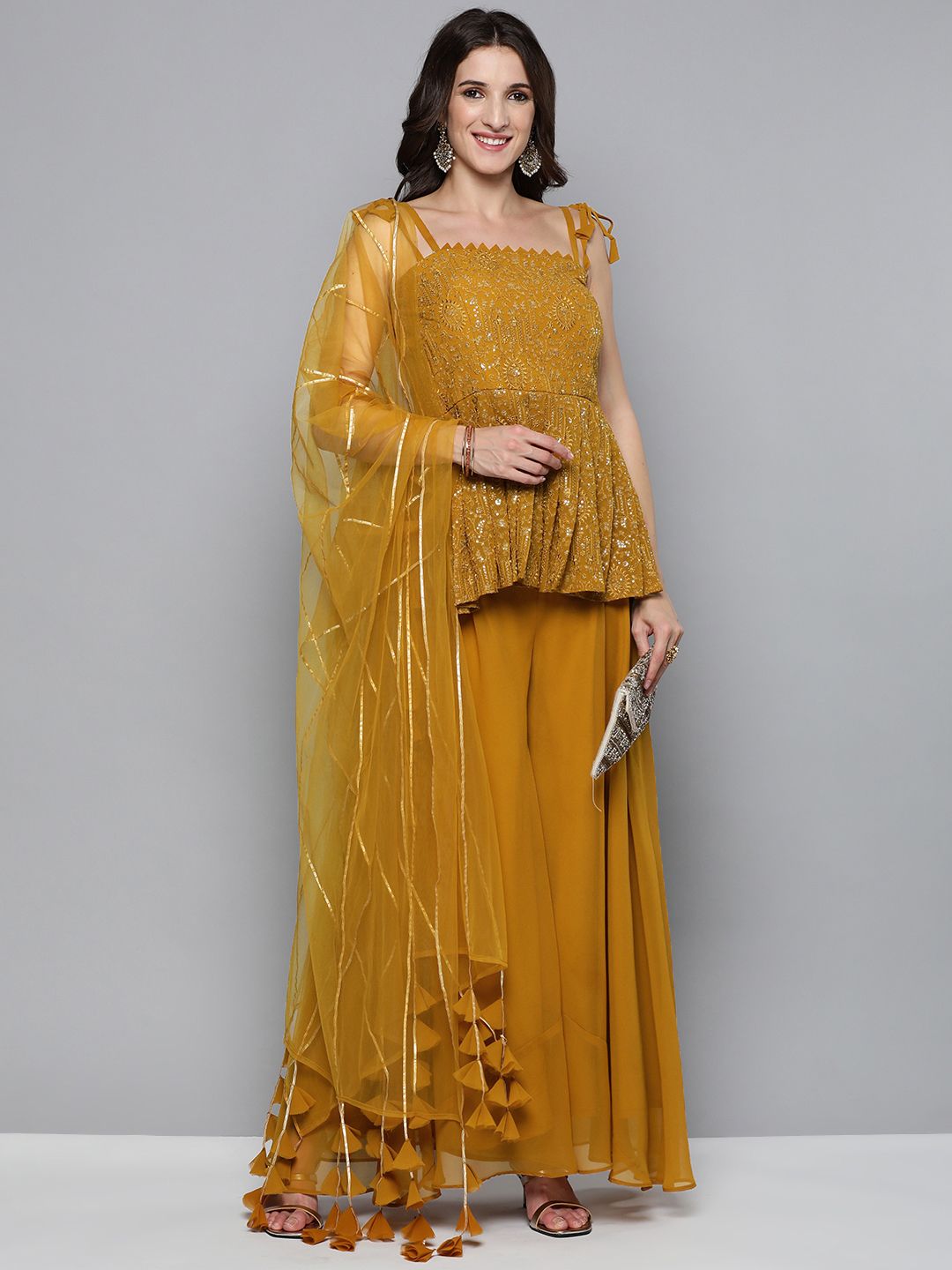 Kvsfab Women Mustard Yellow & Golden Embroidered Pleated Kurti with Palazzos & Dupatta Price in India