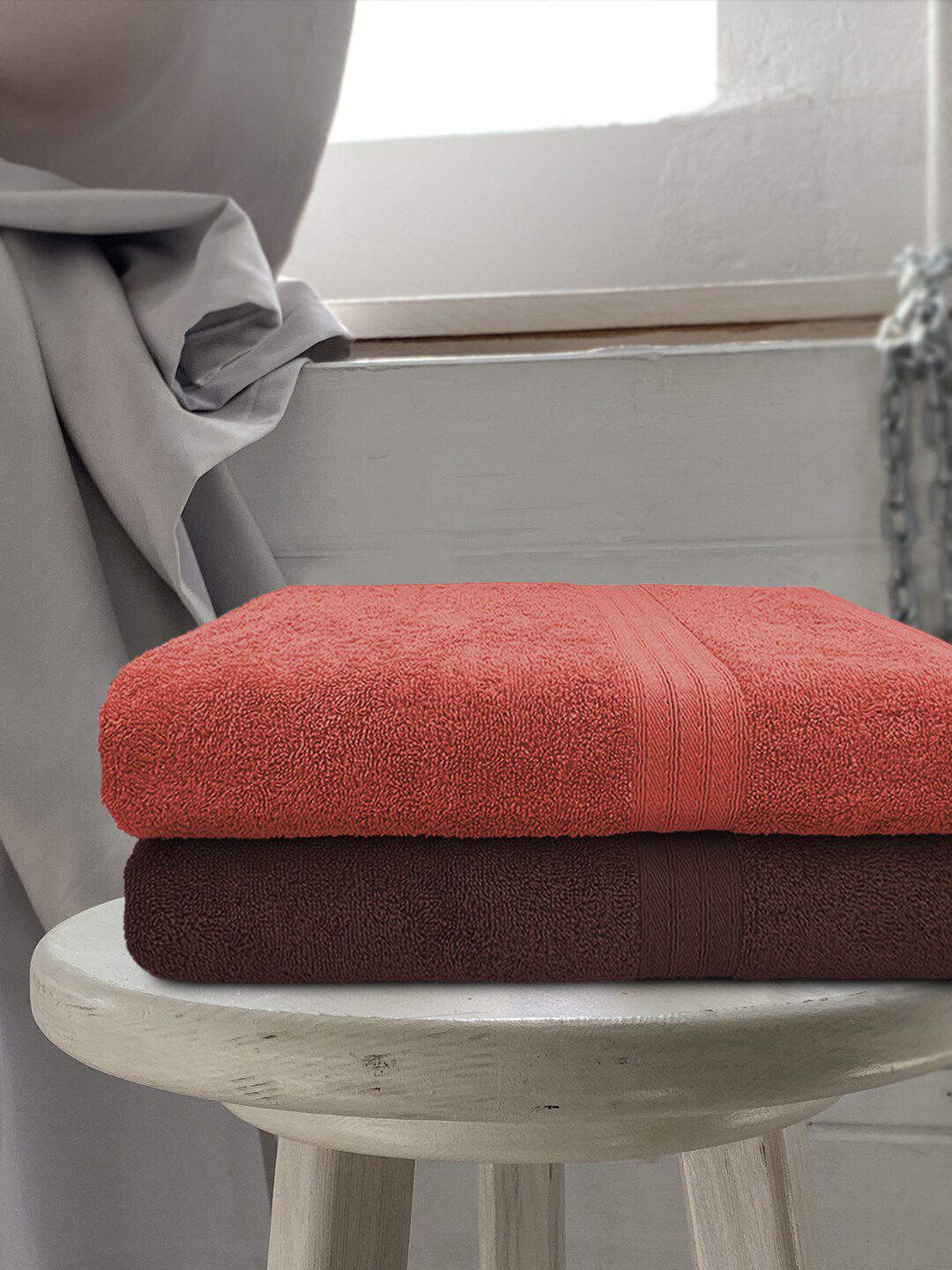 Aura Rust & Brown Set Of 2 Solid 500 GSM Pure Cotton Bath Towels Price in India