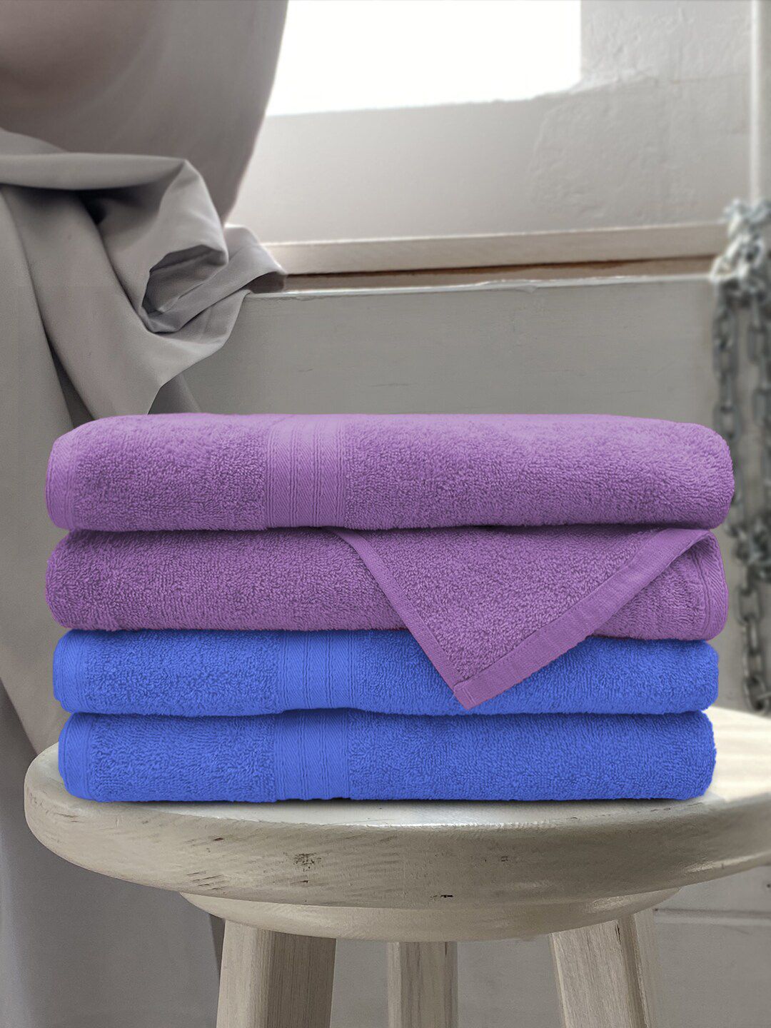 Aura Purple & Blue Set Of 4 Solid 500 GSM Pure Cotton Bath Towels Price in India