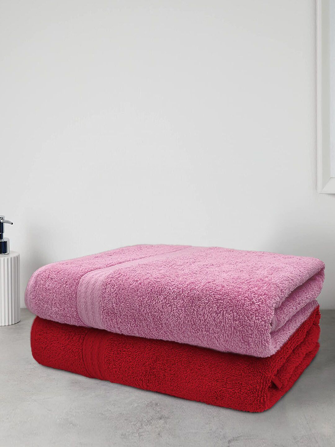 Aura Pink & Red Set of 2 Solid 500 GSM Cotton Bath Towels Price in India