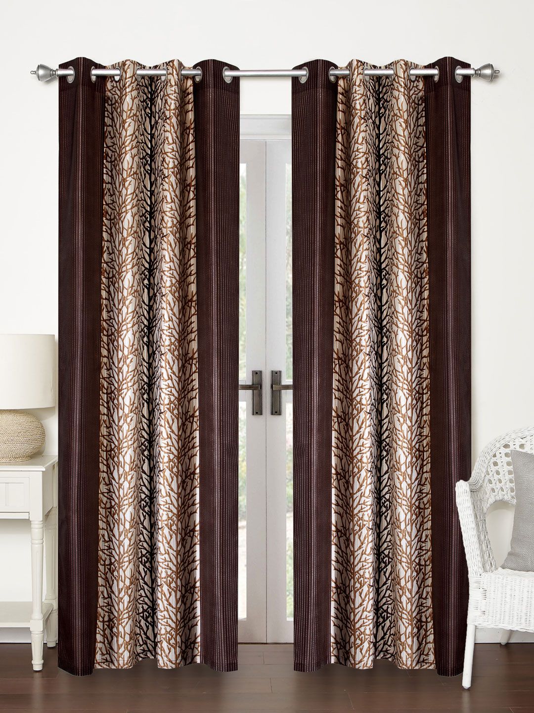 Home Sizzler Brown & Beige Set of 2 Printed Regular Long Door Curtain Price in India