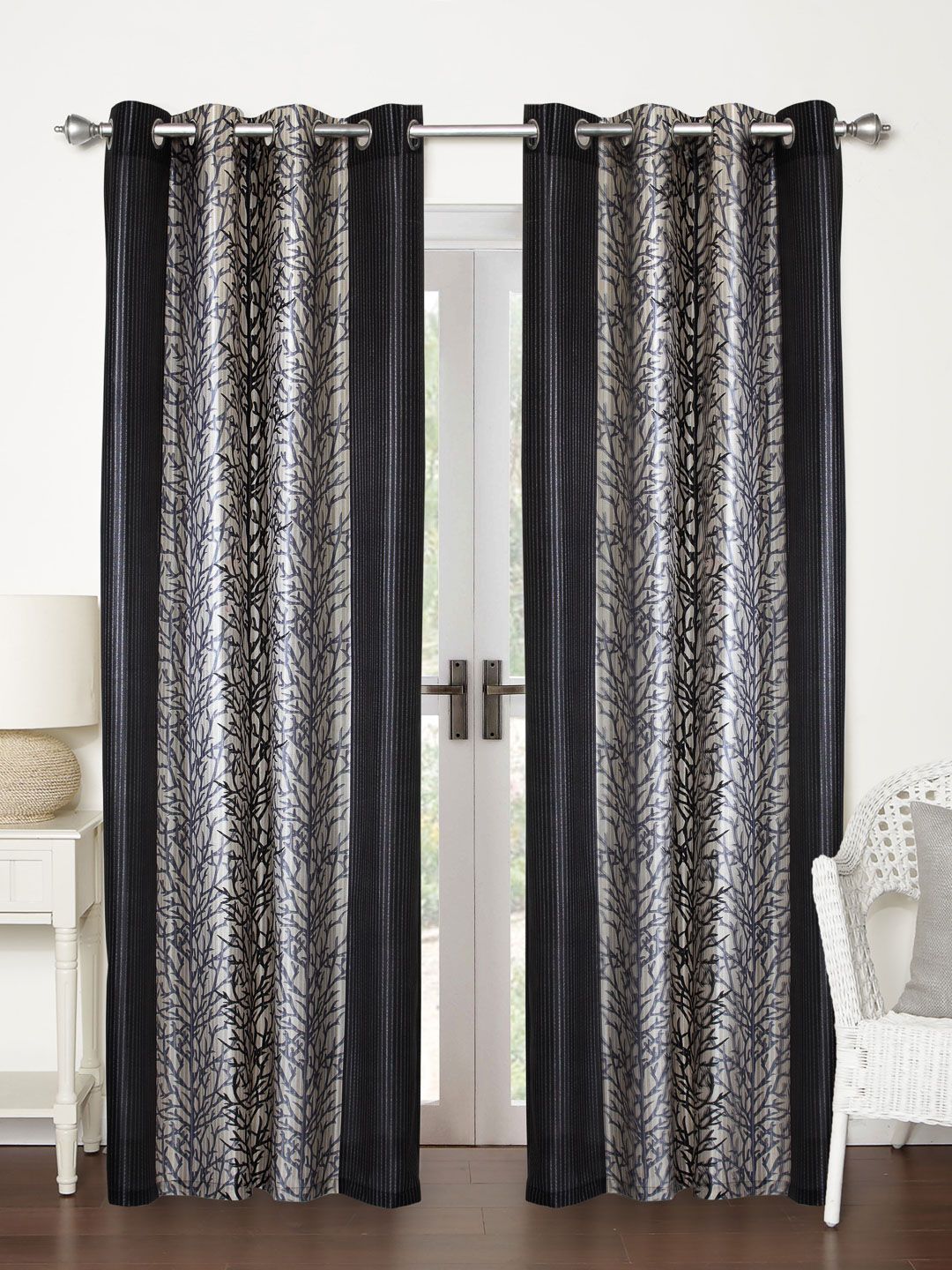 Home Sizzler Grey & Beige Set of 2 Printed Regular Long Door Curtain Price in India