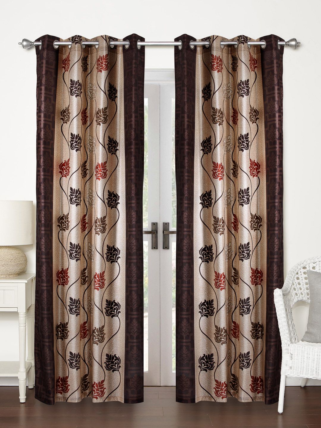 Home Sizzler Brown & Beige Set of 2 Printed Regular Long Door Curtain Price in India