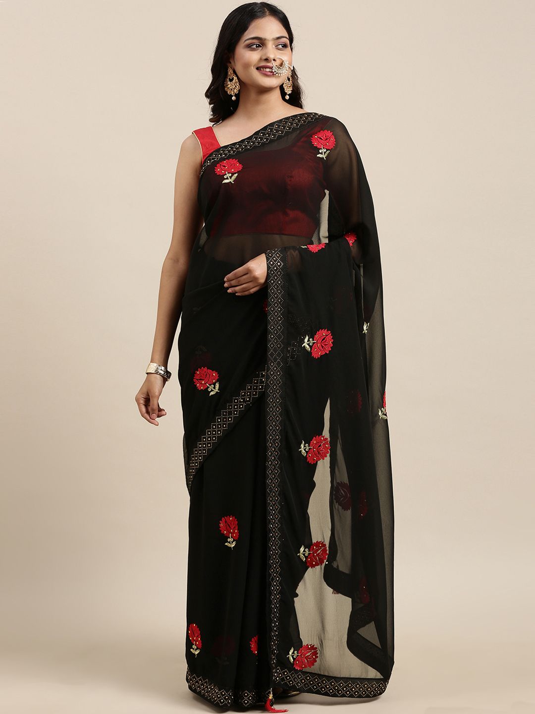 Mitera Black & Red Embellished Beads and Stones Pure Georgette Saree Price in India