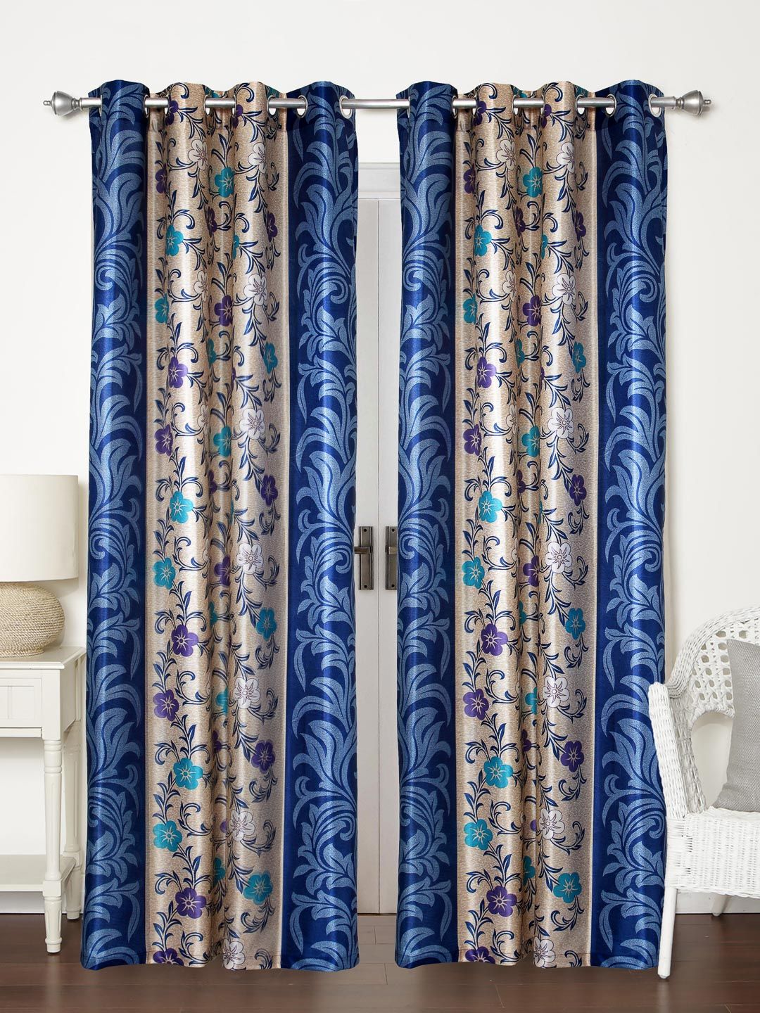 Home Sizzler Blue & Beige Set of 2 Printed Regular Long Door Curtain Price in India