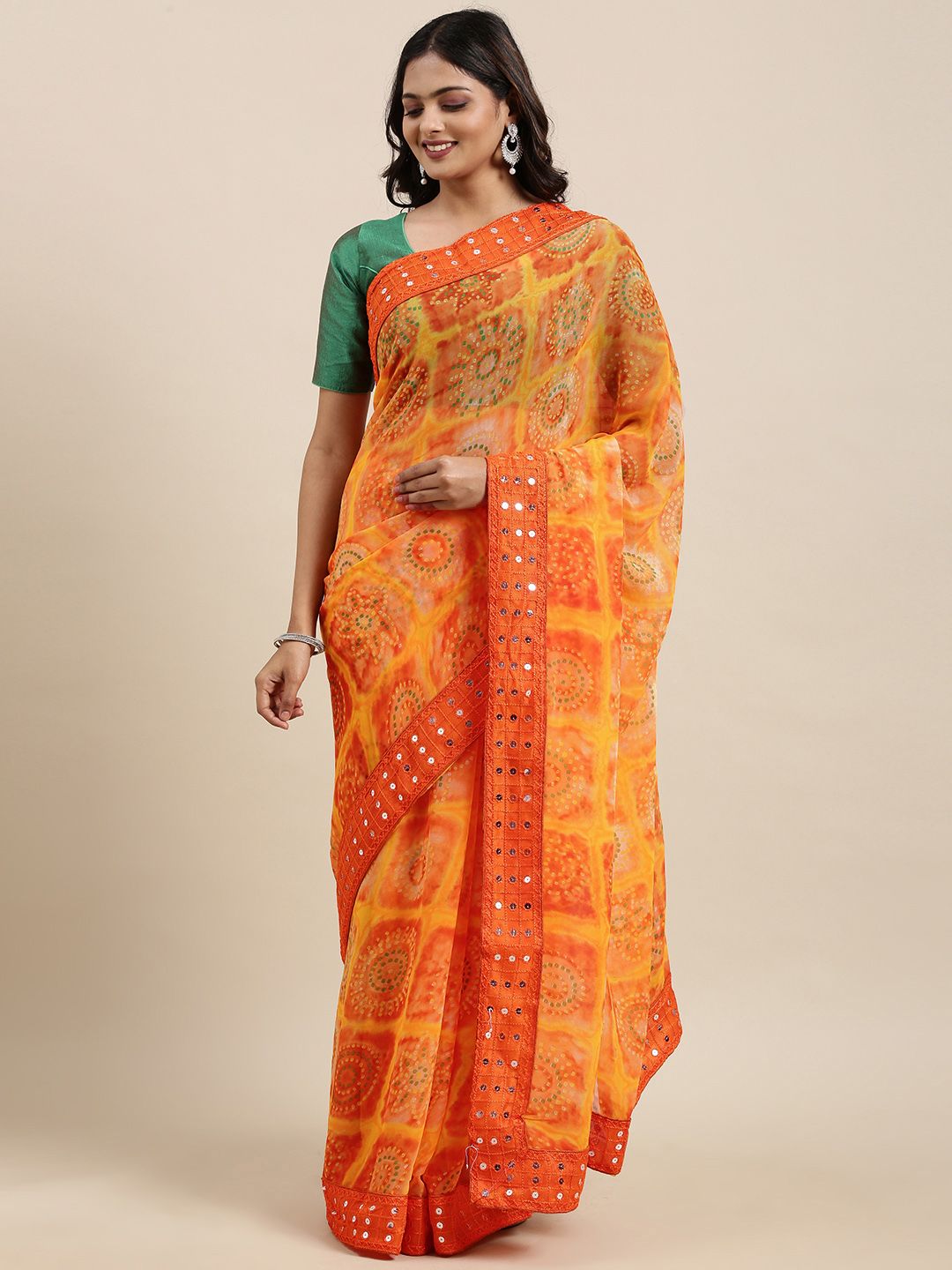 Mitera Orange Bandhani Mirror Work Bandhani Saree Price in India