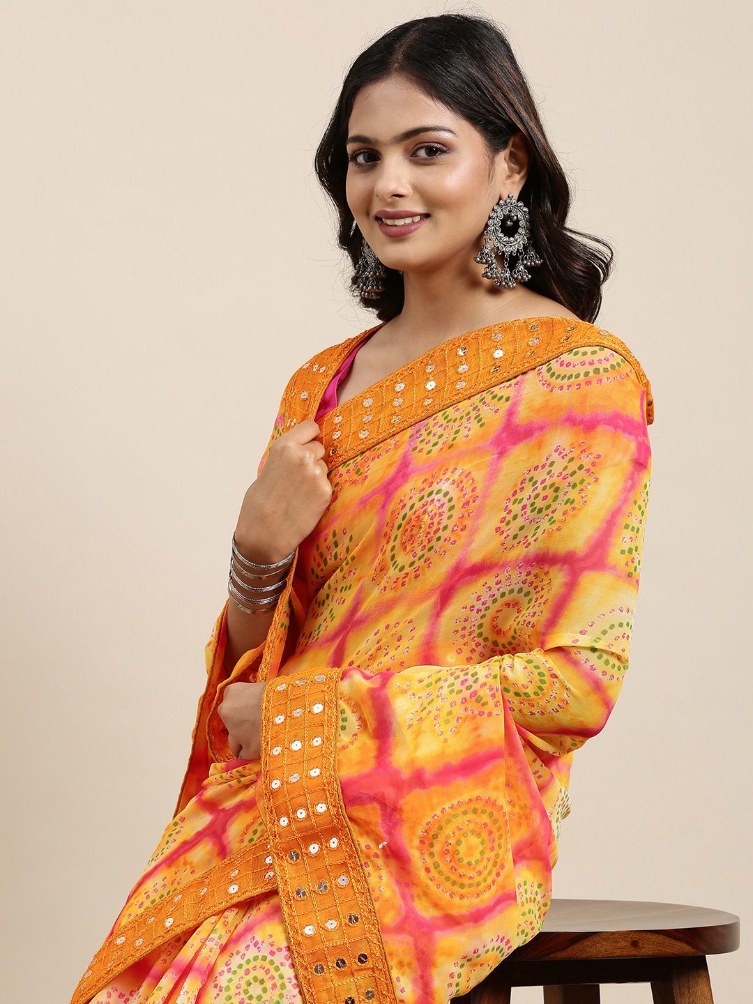 Mitera Yellow Bandhani Mirror Work Bandhani Saree Price in India