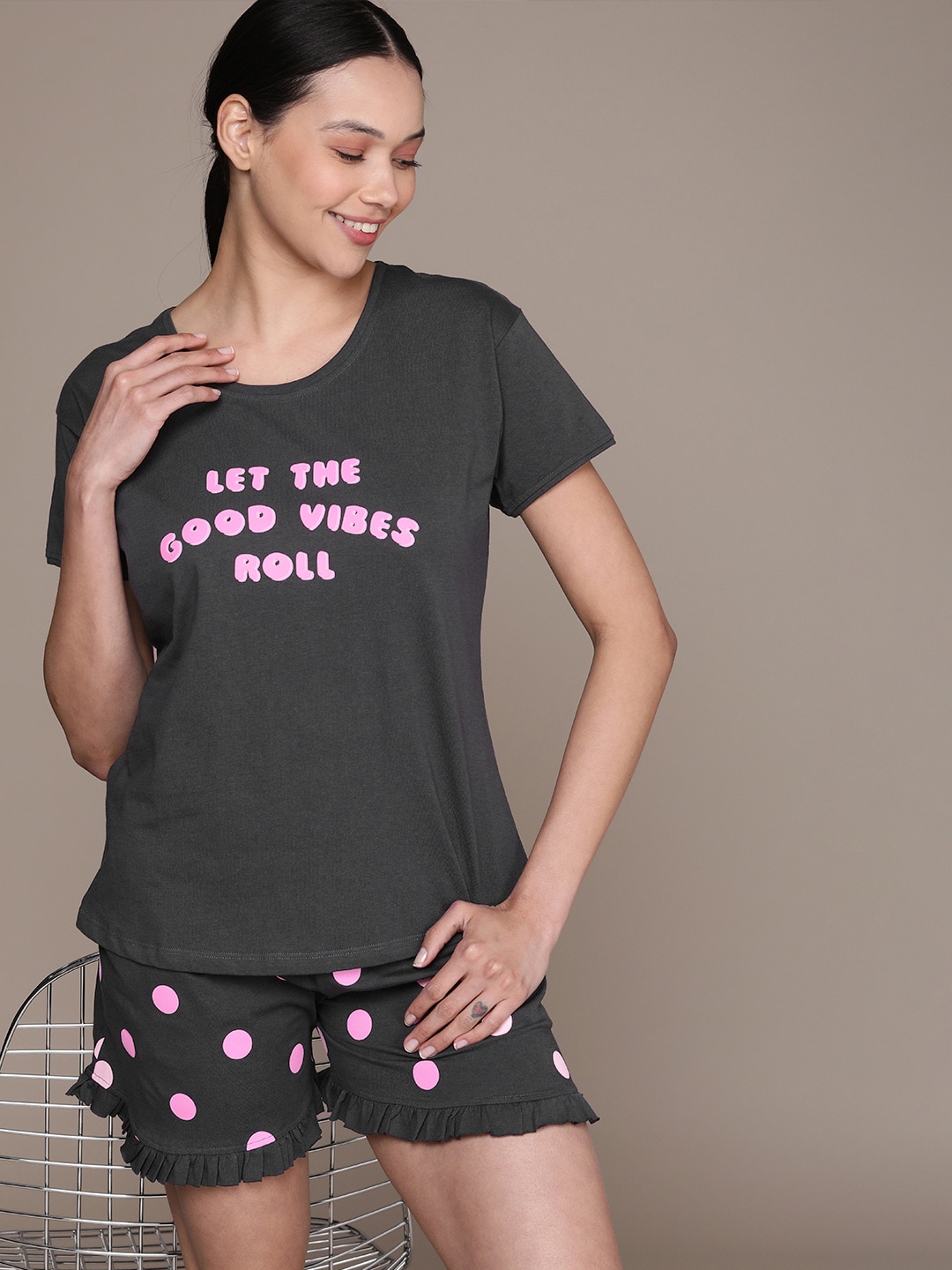 beebelle Women Charcoal Grey & Pink Typography Printed Pure Cotton Night suit Price in India