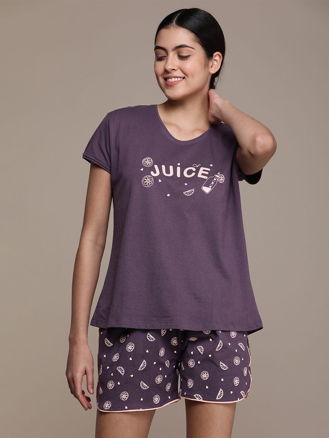 beebelle Women Purple Printed Pure Cotton Night suit Price in India