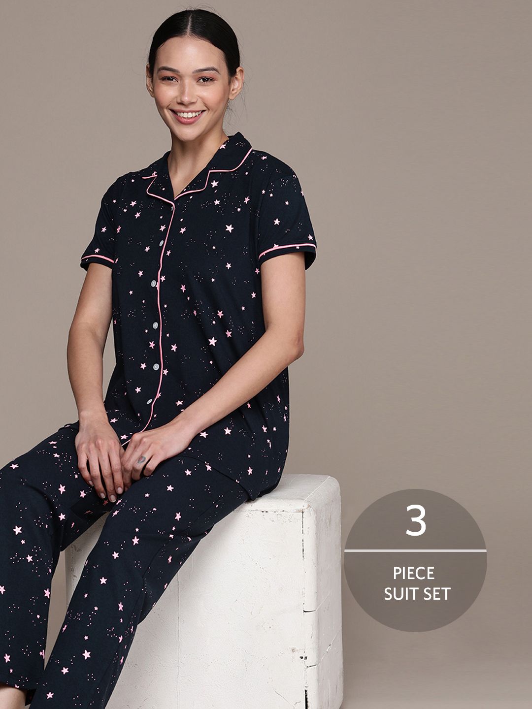 beebelle Women Navy Blue & Pink Star Printed 3-Pieces Pure Cotton Night suit Price in India