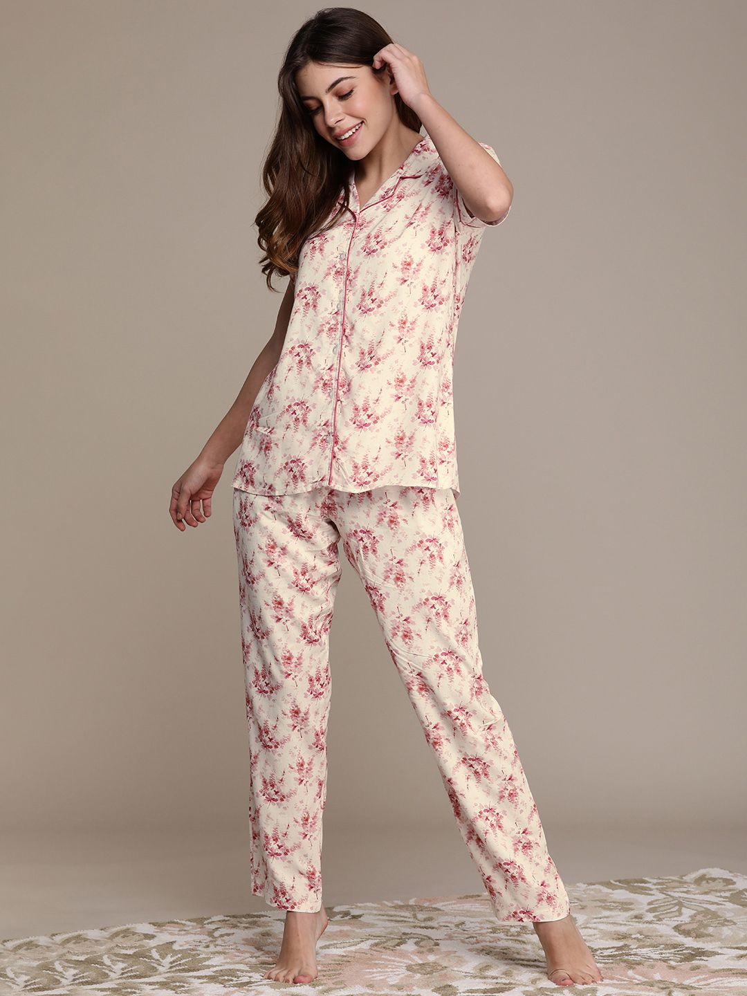 beebelle Women Cream & Pink Printed Night suit Price in India