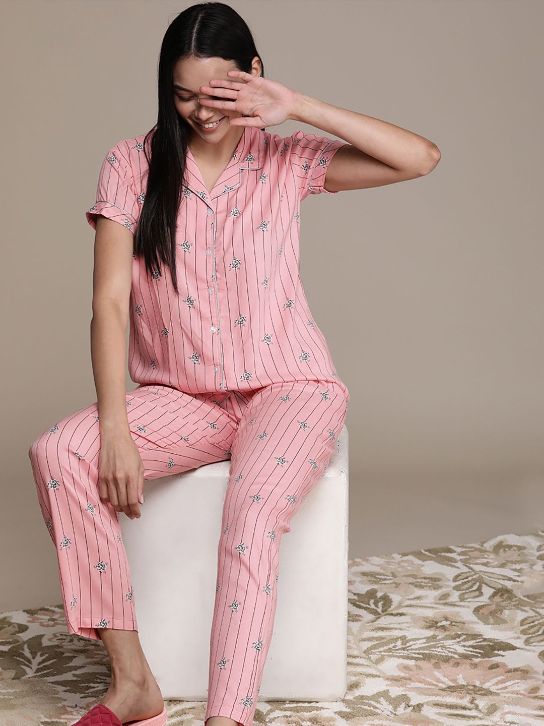 beebelle Women Pink & Black Striped Night suit Price in India