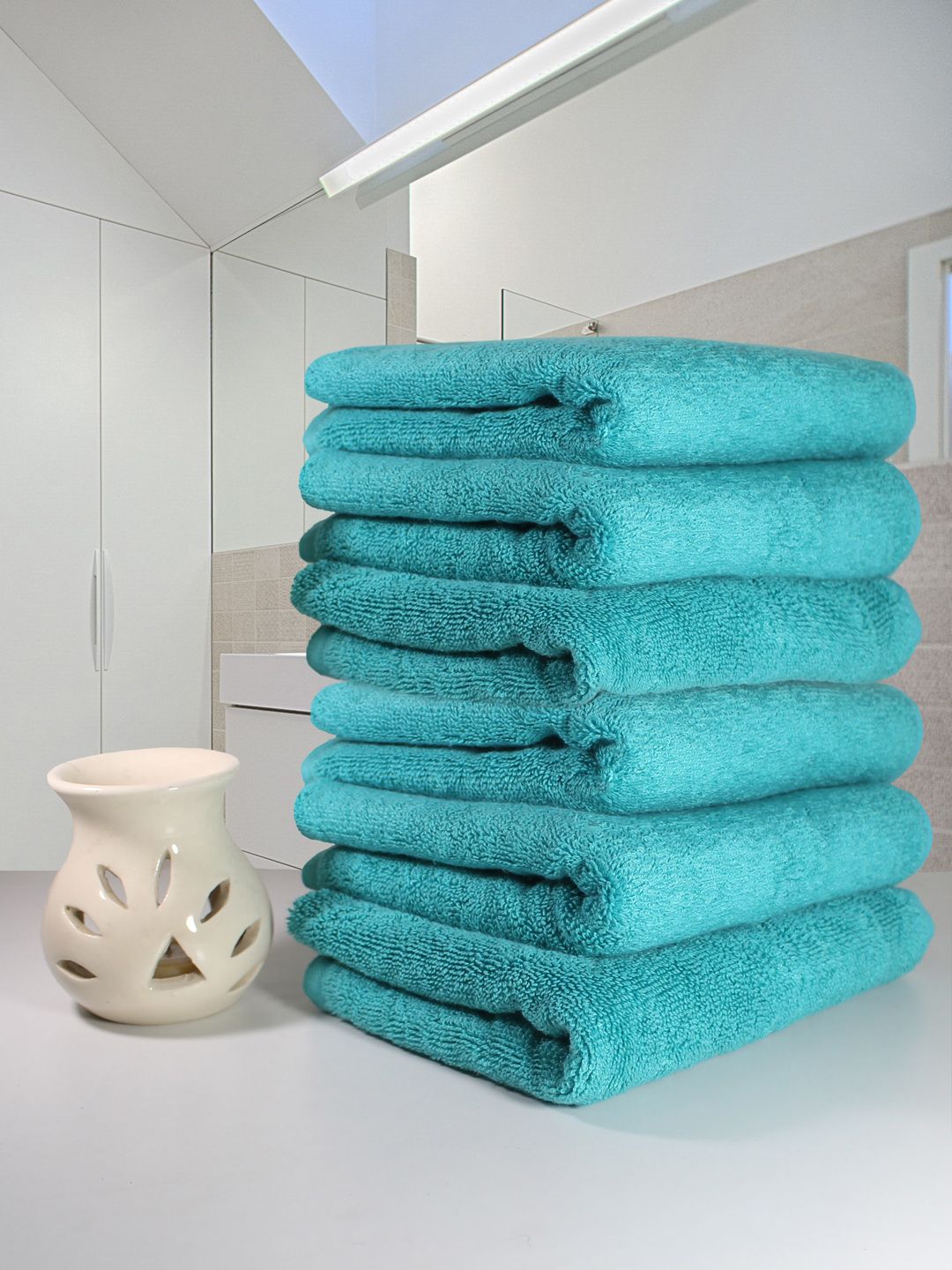 Heelium Pack Of 6 Teal Blue Solid 600 GSM Quick Absorbent Hand Towels Price in India