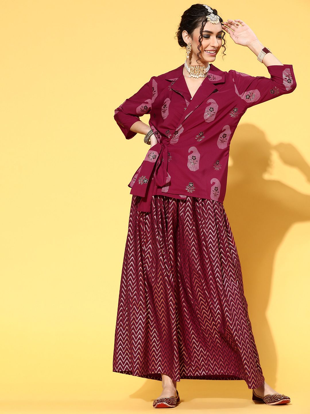 Sangria Maroon Printed Ethnic Motifs Co-Ords Price in India
