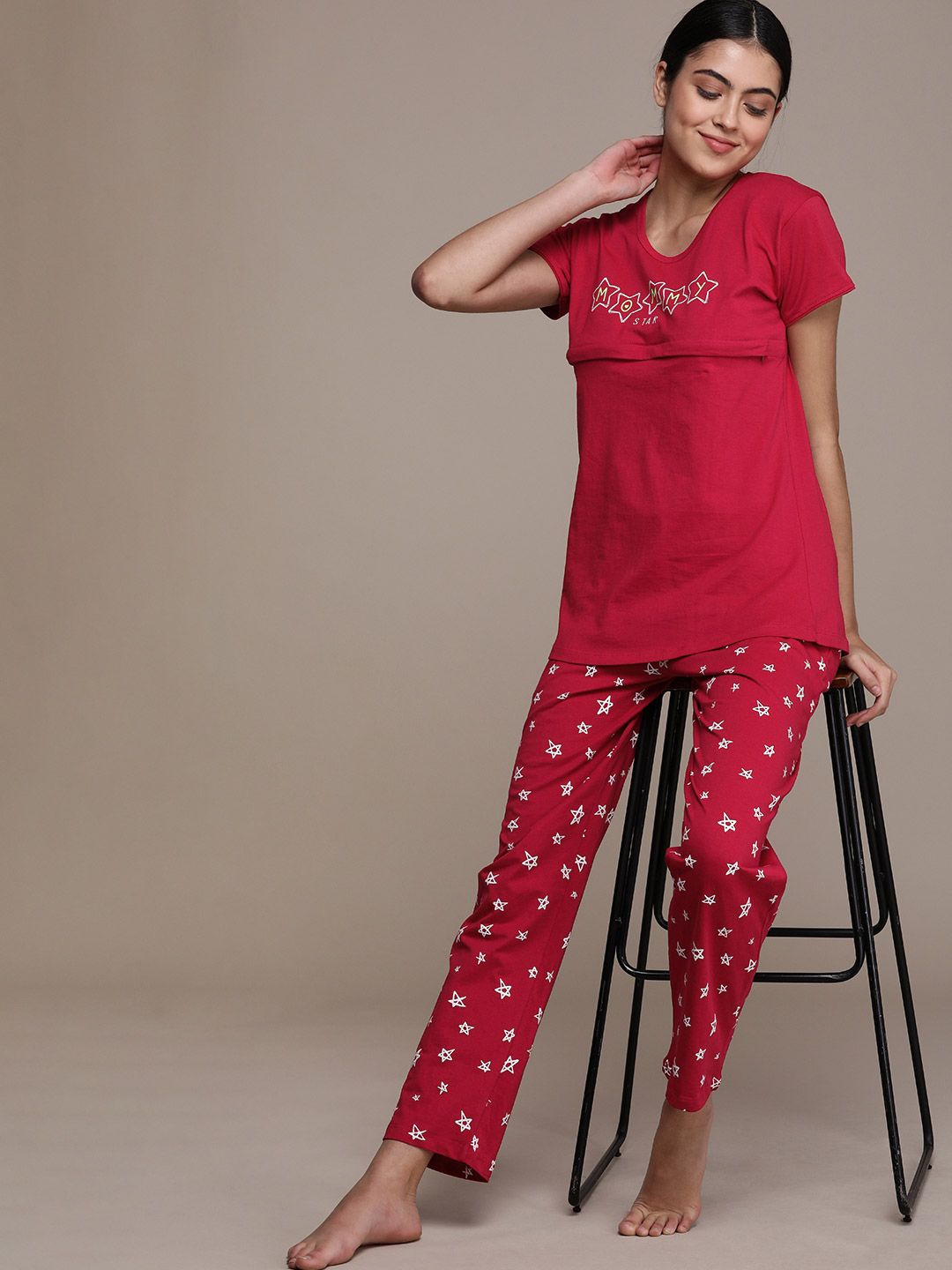 beebelle Women Red Conversational Printed Feeding Pure Cotton Night suit Price in India