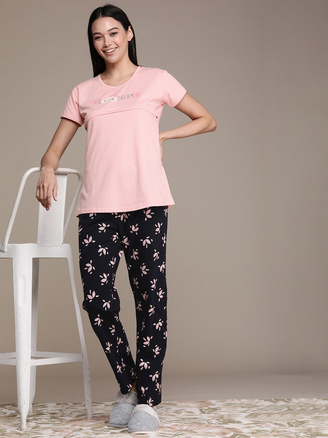 beebelle Women Pink & Navy Blue Printed Feeding Night Suit Price in India