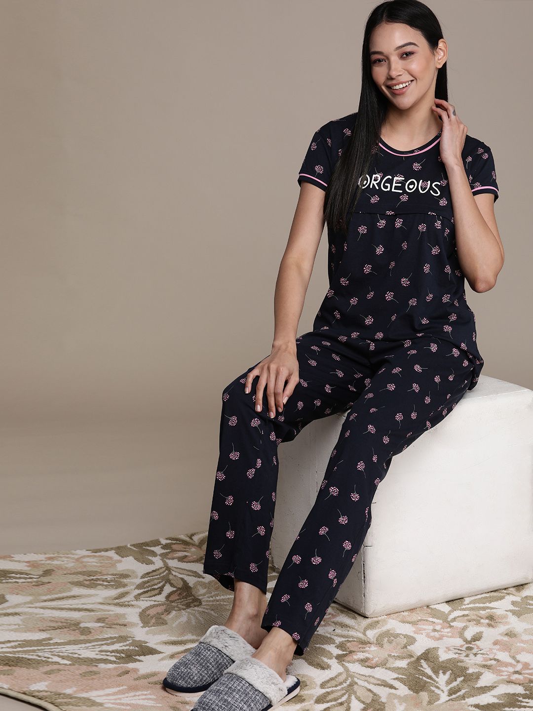 beebelle Women Navy Blue & Purple Printed Maternity & Feeding Night Suit Price in India