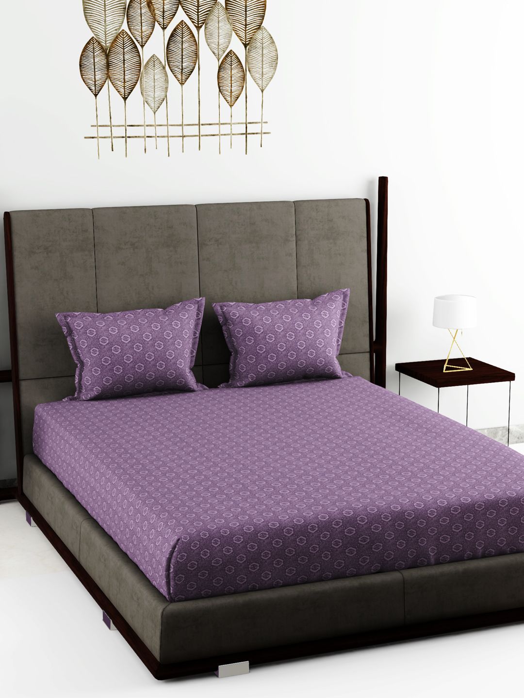 BIANCA Purple Geometric Printed Pure Cotton 210 TC Queen Bedsheet With 2 Pillow Covers Price in India