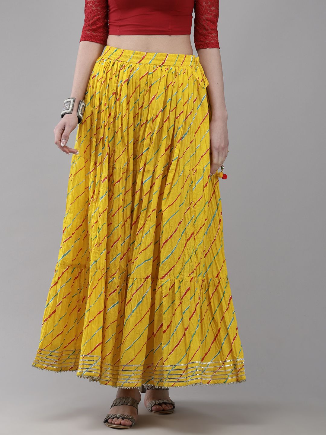 Ishin Women's Cotton Yellow Leheriya Flared Maxi Skirt