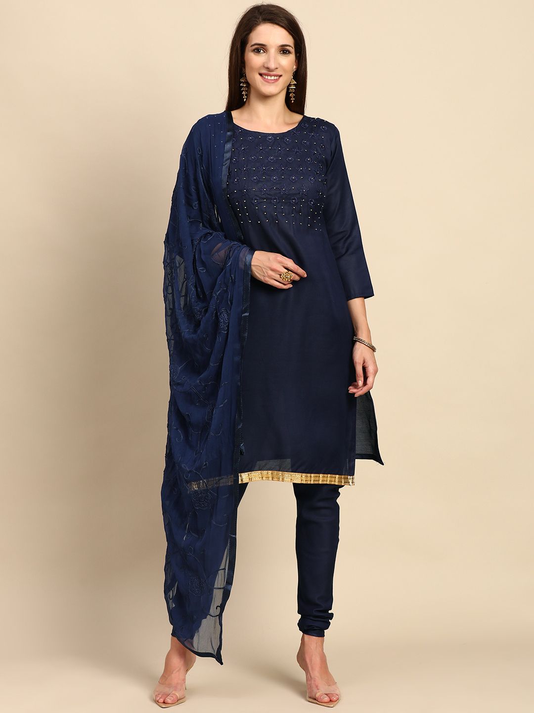Shaily Navy Blue Embroidered Unstitched Dress Material Price in India