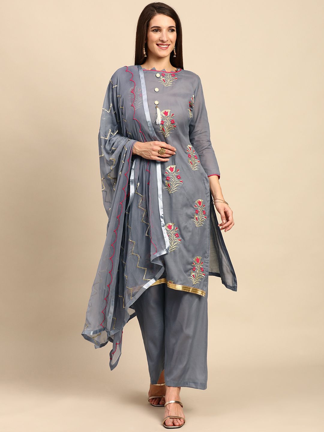 Shaily Charcoal Grey & Pink Embroidered Unstitched Dress Material Price in India