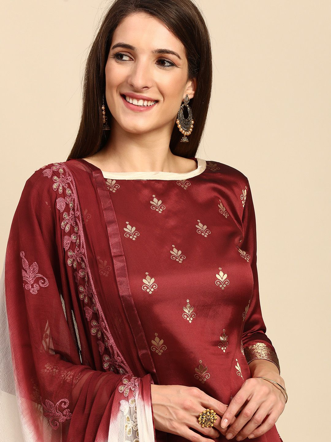 Shaily Maroon & Cream-Coloured Woven Design Unstitched Dress Material Price in India
