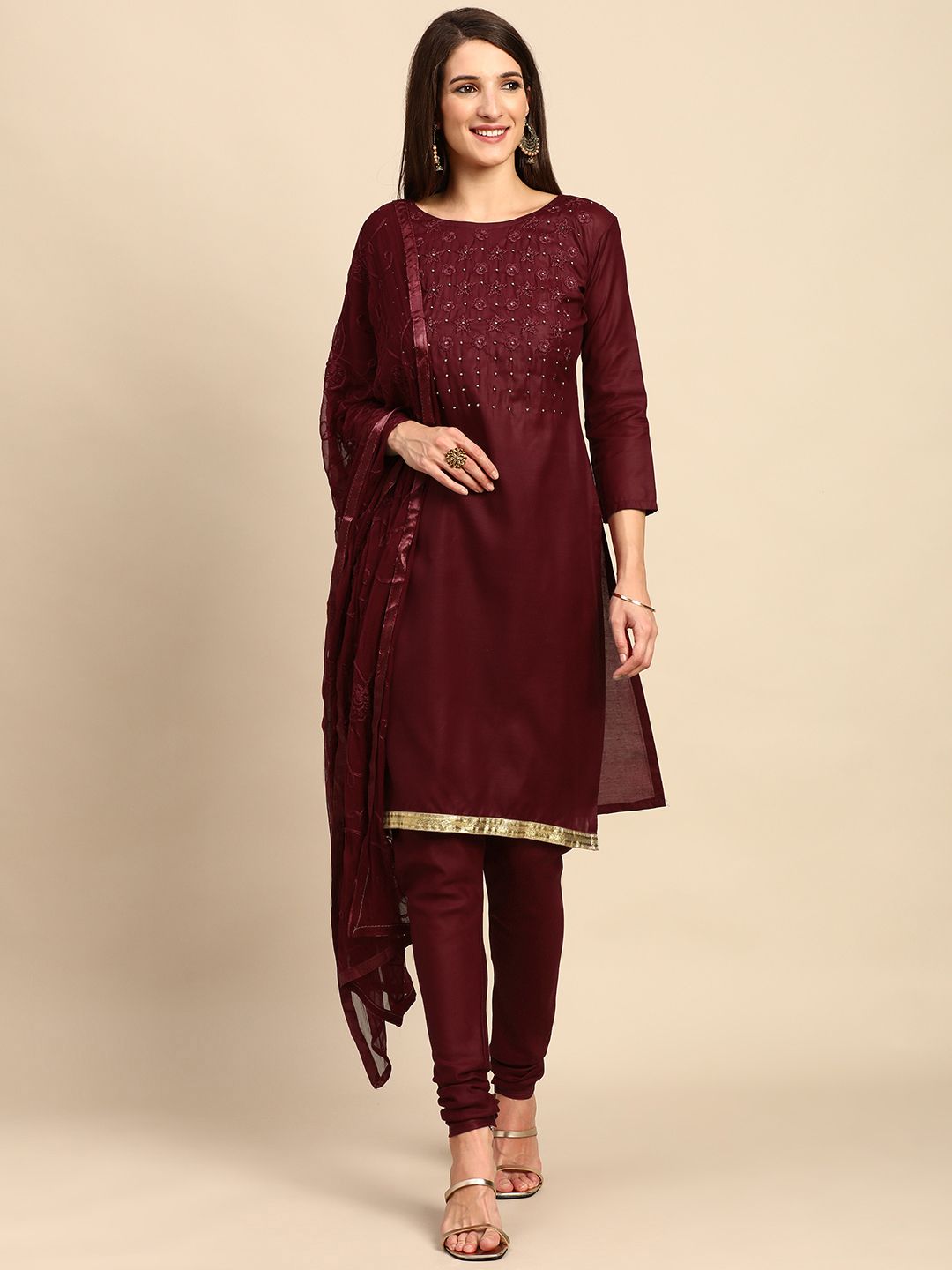 Shaily Maroon Embroidered Unstitched Dress Material Price in India