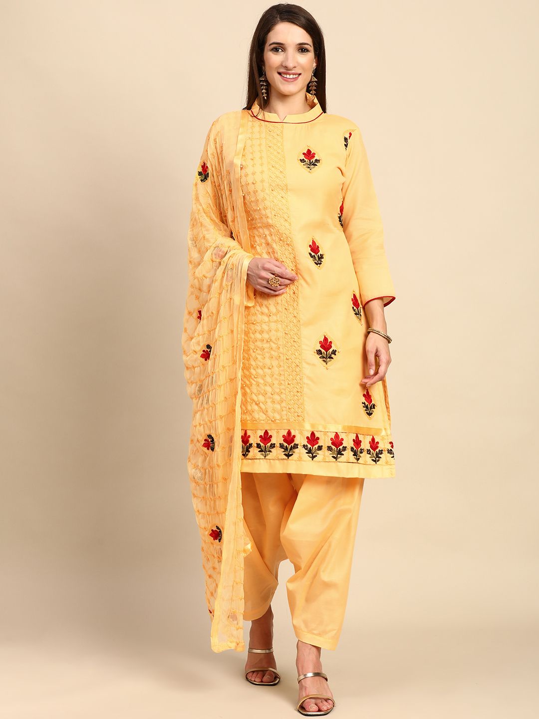 Shaily Yellow & Red Embroidered Unstitched Dress Material Price in India