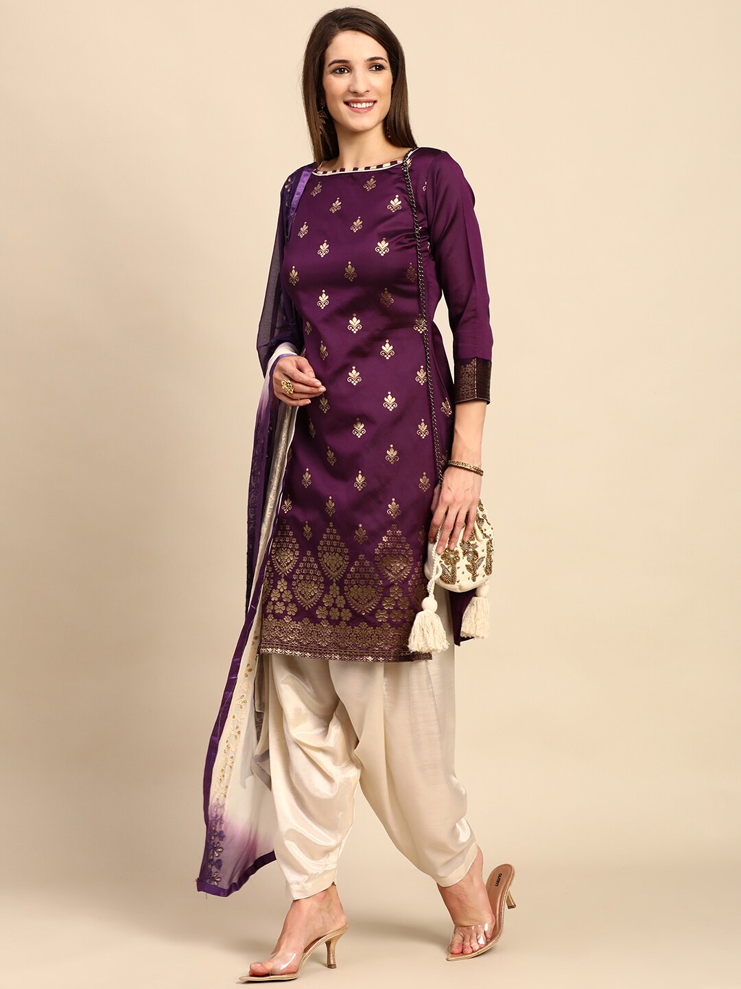 Shaily Burgundy & Cream-Coloured Unstitched Dress Material Price in India
