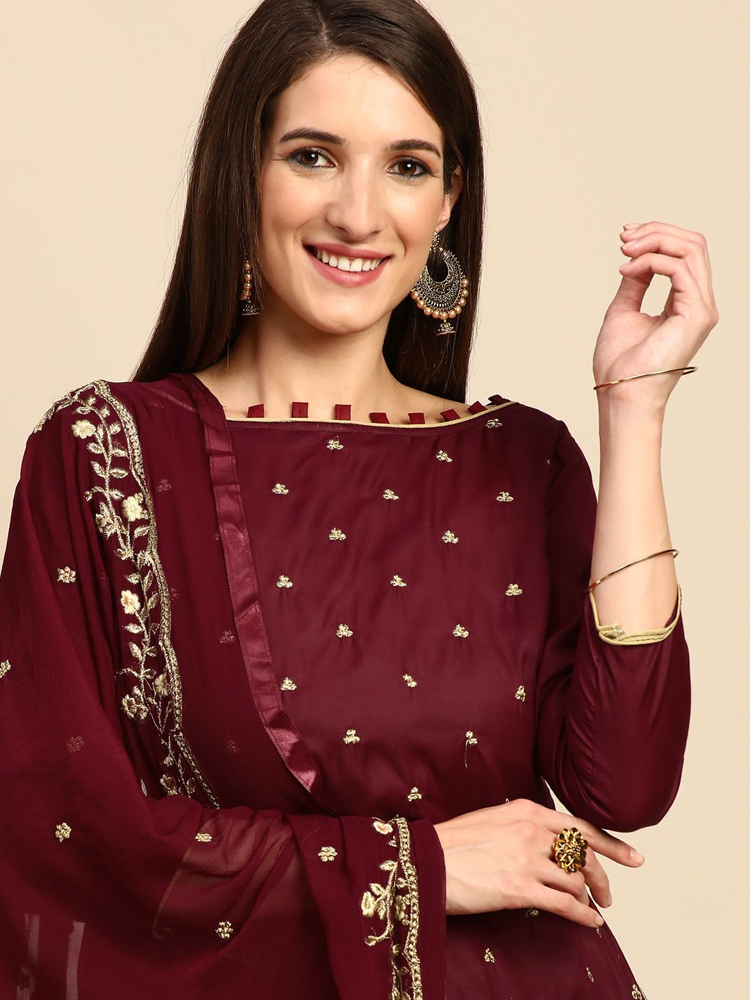Shaily Maroon & Golden Zari Embroidered Unstitched Dress Material Price in India