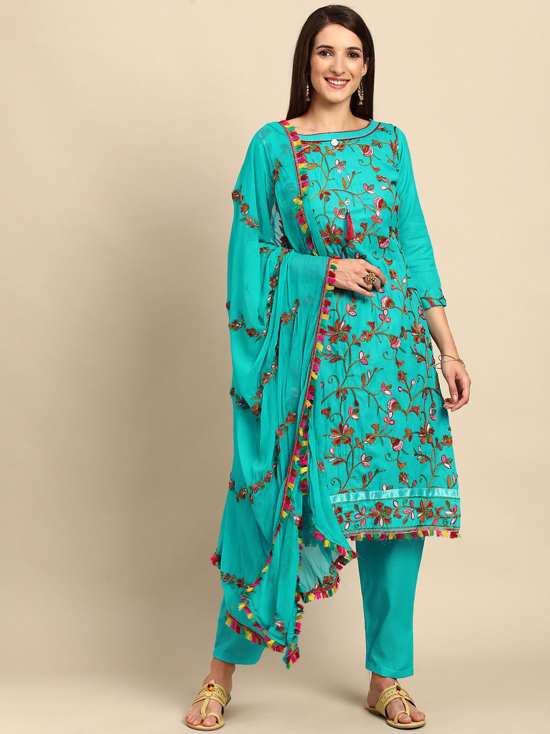 Shaily Blue & Orange Embroidered Unstitched Dress Material Price in India