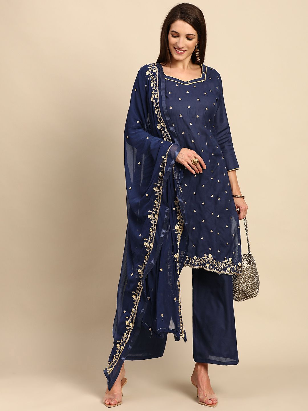 Shaily Navy Blue & Golden Zari Embroidered Unstitched Dress Material Price in India