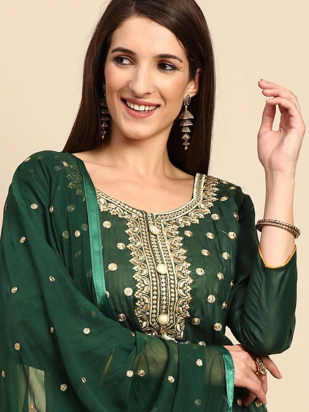 Shaily Green & Golden Zari Embroidered Unstitched Dress Material Price in India