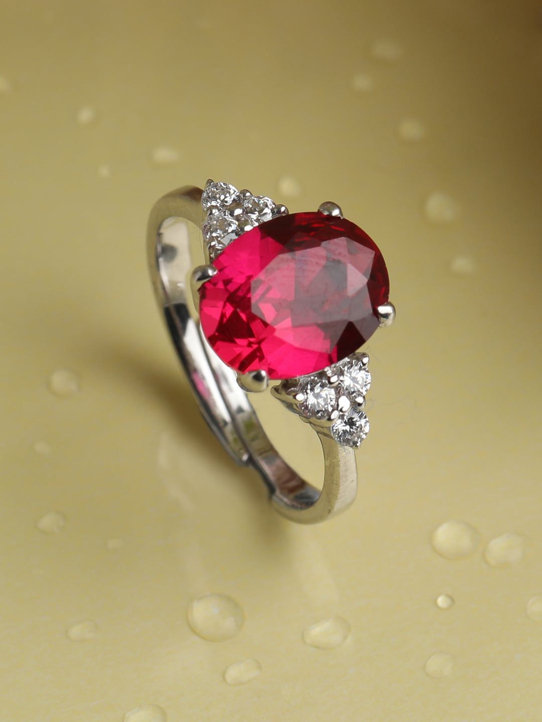 Clara Red & Silver-Toned Cubic Zirconia Studded Adjustable Finger Ring Price in India