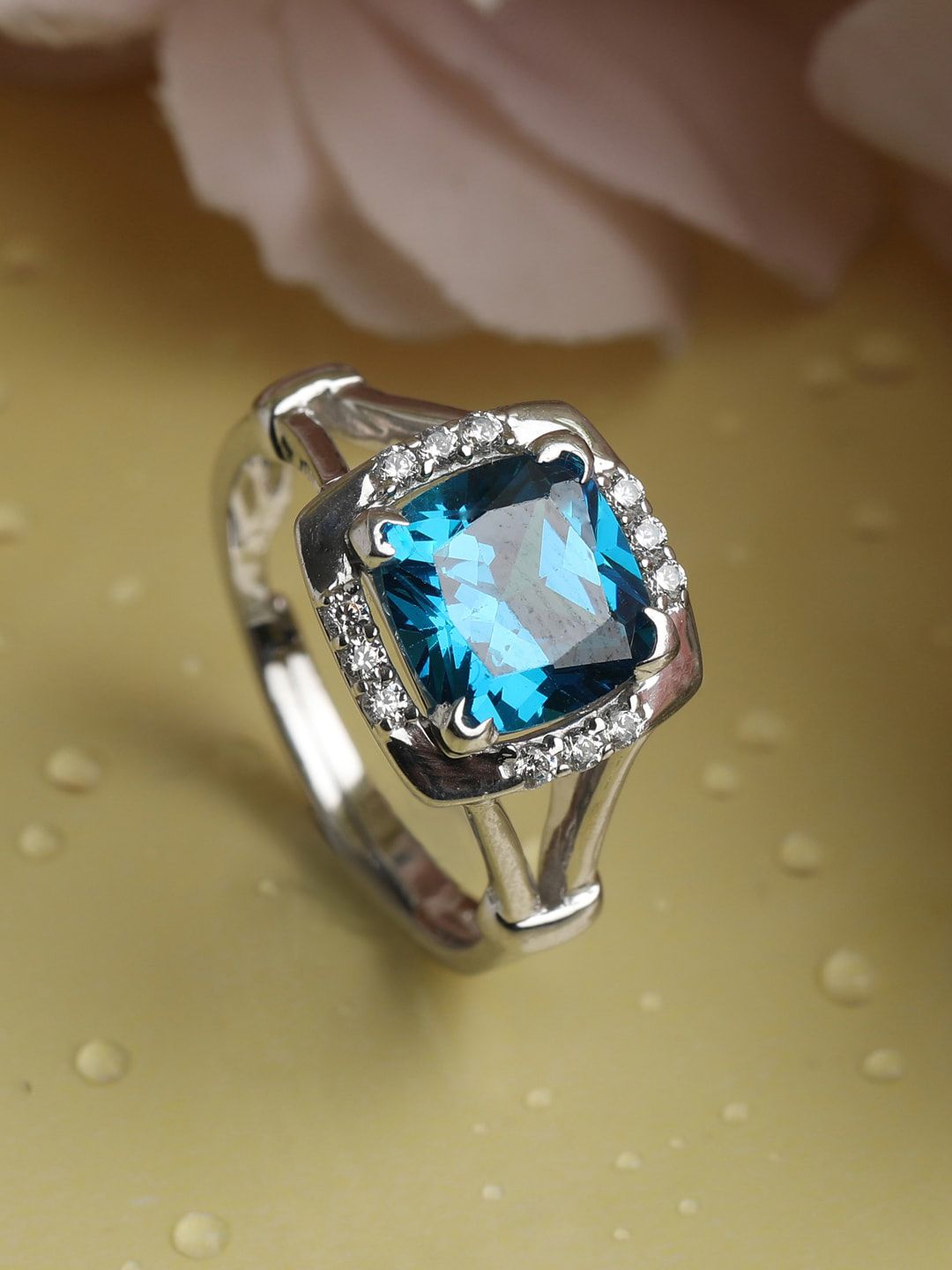 Clara Silver-Toned & Turquoise Blue Cubic Zirconia Studded Adjustable Finger Ring Price in India