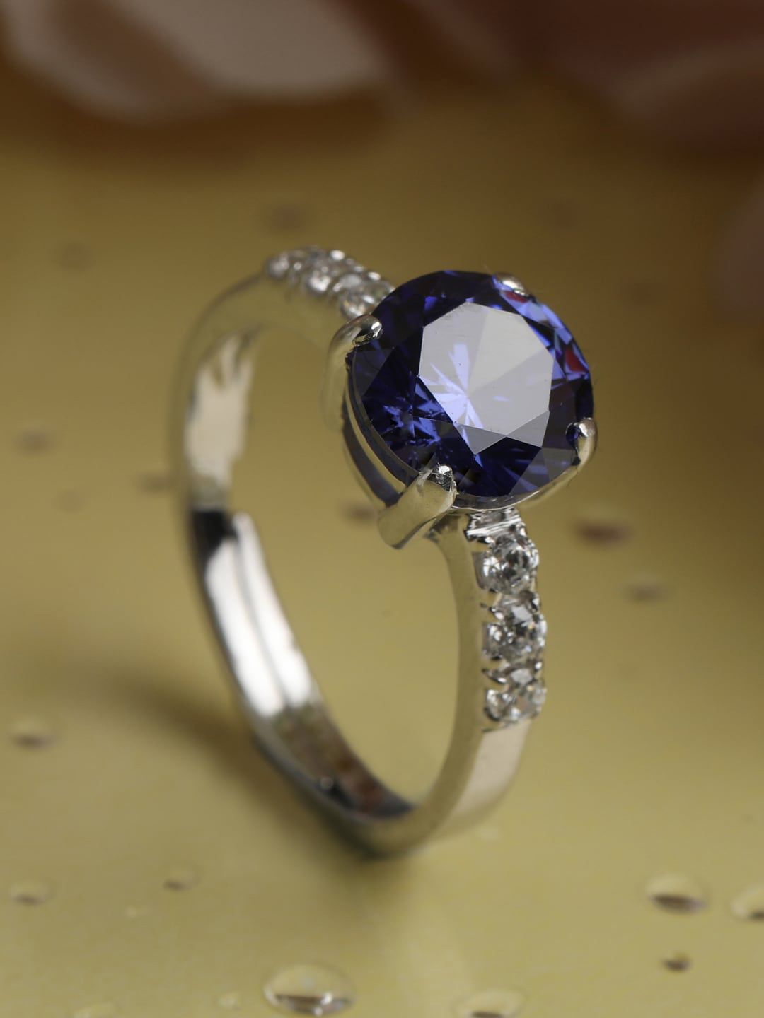 Clara Rhodim-Plated Blue & White CZ Stone Studded Adjustable Ring Price in India