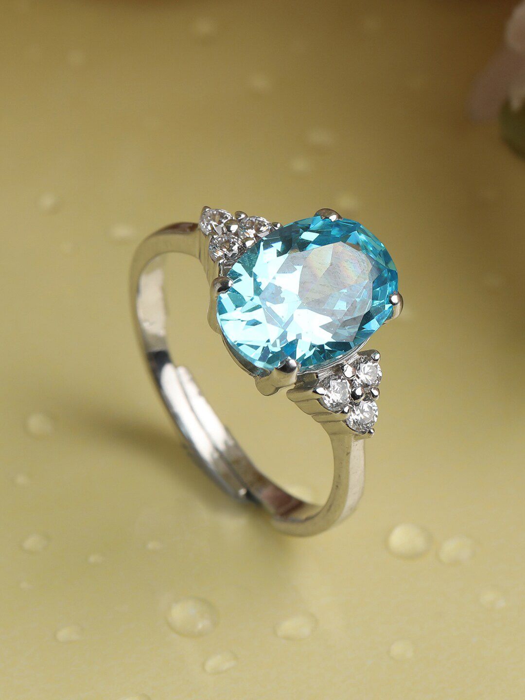 Clara Silver-Toned & Turquoise Blue Cubic Zirconia Stone Studded Adjustable Finger Ring Price in India