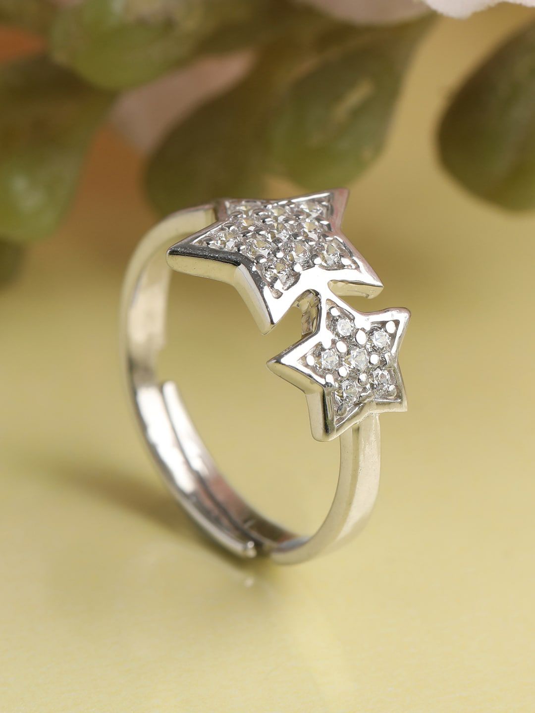 Clara Silver-Toned Cubic Zirconia Studded Star-Shaped Adjustable Finger Ring Price in India
